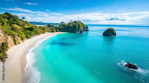 Aerial view of a crescentshaped beach with lush jungle backdrop, hidden paradise, crystalclear ocean, vibrant tropical beauty, travel inspiration photo