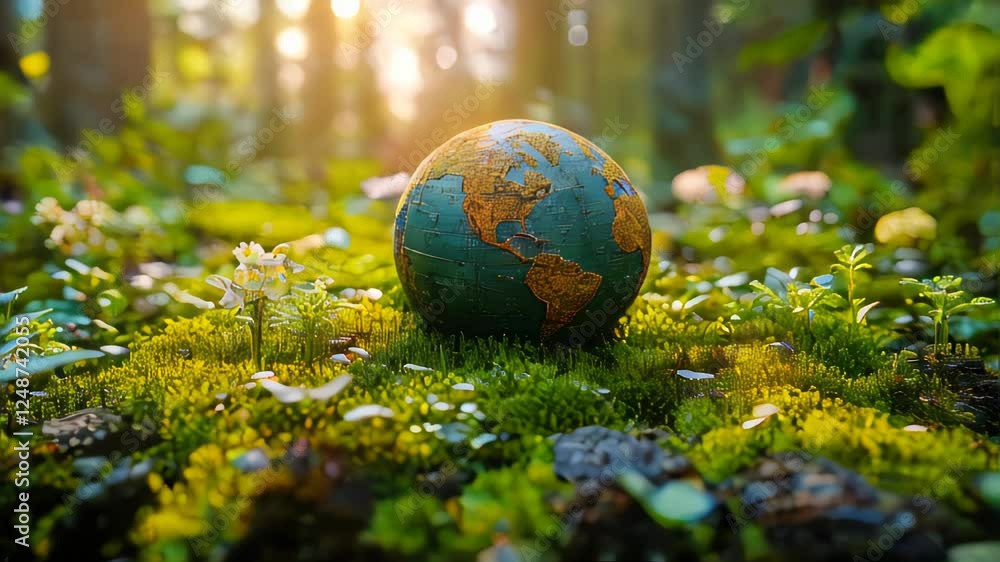A miniature Earth globe rests on vibrant green moss in a lush forest, symbolizing environmental protection and sustainability A miniature Earth globe rests on vibrant green moss in a lush forest, symbolizing environmental protection and sustainability