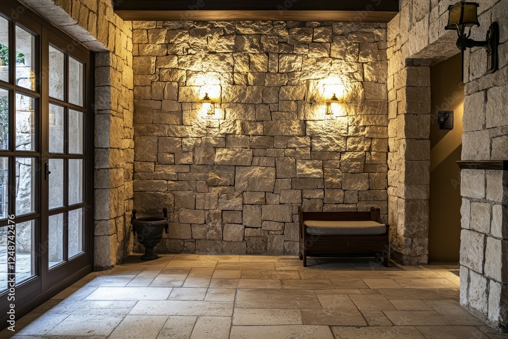 Stone-walled corridor with warm lighting and bench. Neural network AI generated Stone-walled corridor with warm lighting and bench. Neural network AI generated