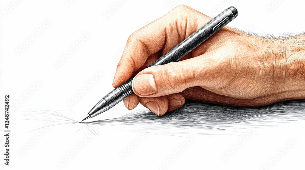 Hand holding ballpoint pen drawing a line, line art modern illustration Hand holding ballpoint pen drawing a line, line art modern illustration