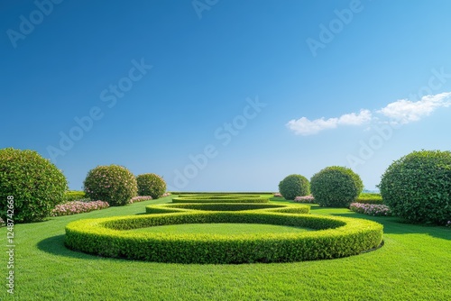 Manicured garden with neatly trimmed hedges and flowering bushes under a clear blue sky, creating a serene outdoor setting