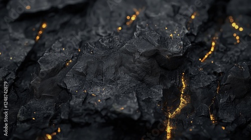 Dark obsidian texture with shimmering golden cracks photo