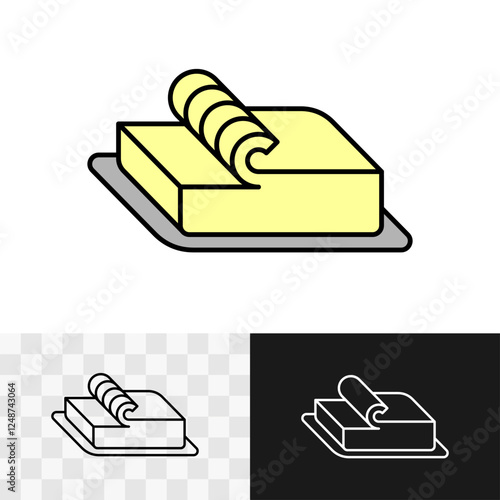 Butter icon. Peace of butter spread on the special dish bottom plate line symbol. Curl of butter on the top of the bar. Yellow dairy product piece. Adjustable stroke.