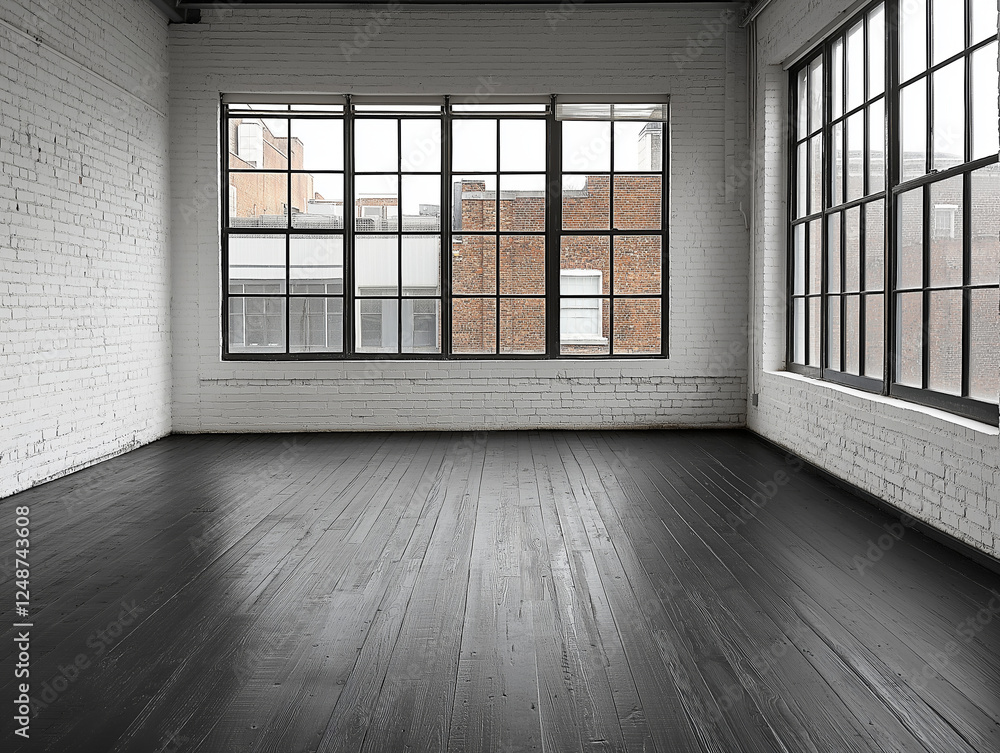 Obraz premium Bright, airy room with large windows illuminating dark wood floors and white brick walls, providing a modern, urban living space.