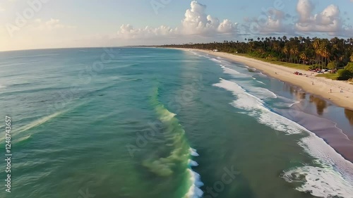 A high-angle landscape showing waves washing onto a sandy shore for natural background