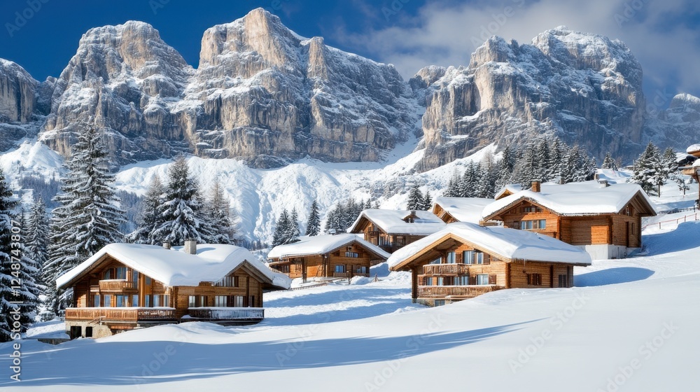Fototapeta premium Ski resorts in the Italian Alps, with luxury chalets and well-maintained slopes covered in fresh powder snow.
