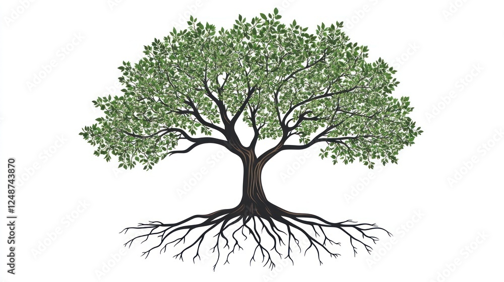 custom made wallpaper toronto digitalLush green tree, strong roots, white background, nature illustration, website design