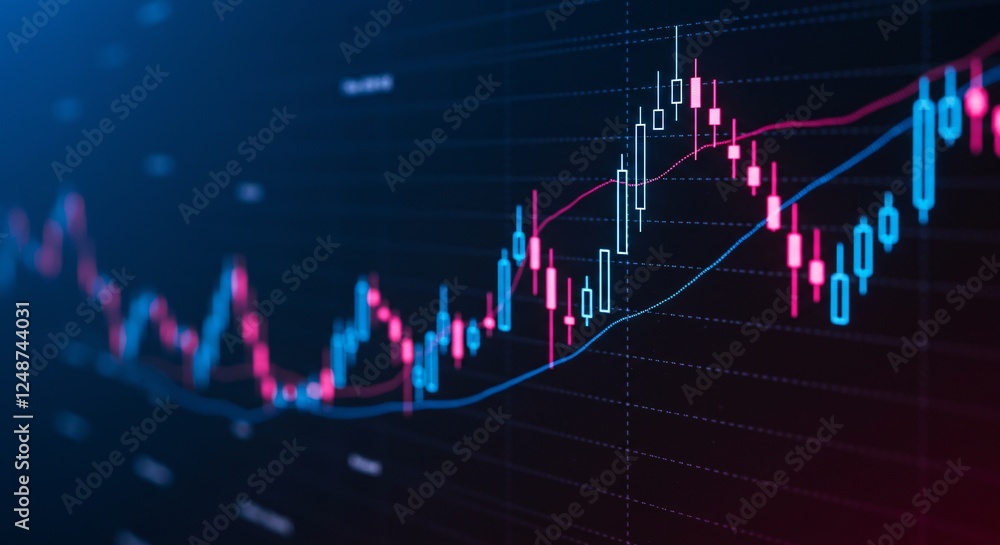 Close-up view of a stock market chart with vibrant pink and blue candlestick patterns Close-up view of a stock market chart with vibrant pink and blue candlestick patterns