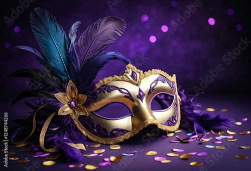 Wallpaper Mural Elegant Gold Mask with Feathers on a Purple Background with Confetti Torontodigital.ca