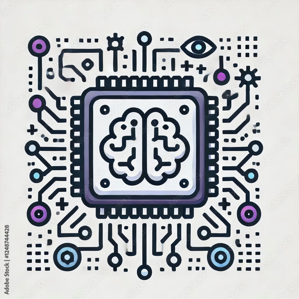 Obraz premium Linear icon of artificial intelligence with chip and neural network connections. 