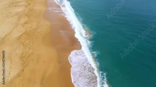 A high-angle landscape showing waves washing onto a sandy shore for natural background