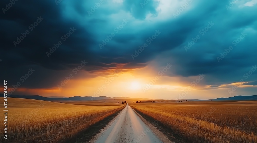 Empty road in the middle of an open field, dramatic storm clouds approaching, cinematic tension, moody nature contrast Empty road in the middle of an open field, dramatic storm clouds approaching, cinematic tension, moody nature contrast