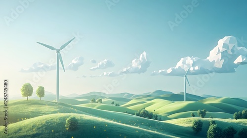 Lordflook isometric 3d low-poly design of a wind turbine far on a green hill with clear skies and a bright sun shining