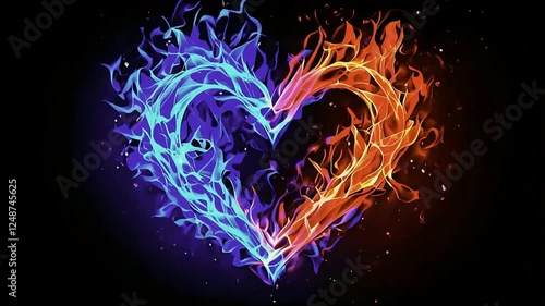 A heart is rendered in burning flames, split into blue and orange halves a symbol of burning love and affection
