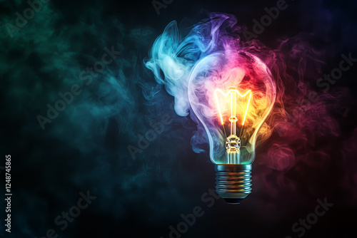 Glowing light bulb surrounded by vibrant colorful smoke representing creativity and inspiration photo