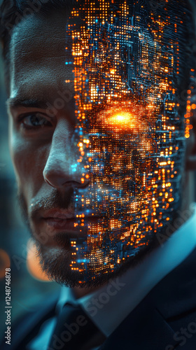 Serious businessman navigating a high-tech world with a holographic avatar and a cybernetic identity crisis in a digitally advanced setting