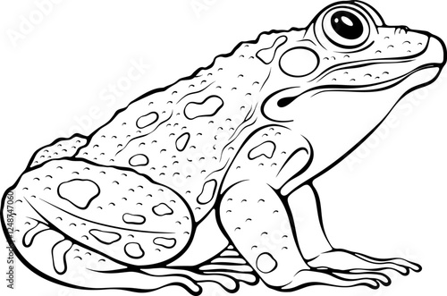 Realistic sitting frog side view. Amphibian reptile. Vector illustrations in hand drawn sketch style isolated on white. Black outline animal graphic. Design for coloring book page, print