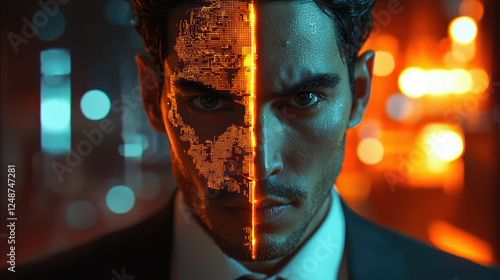 Serious businessman navigating a high-tech world in a digital future, showcasing a cybernetic identity crisis with a glowing holographic avatar