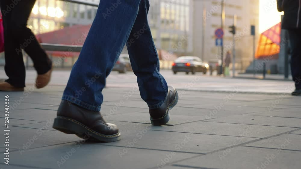 Rear side view following male feet steps walking street on sunny autumn day. Man wearing blue jeans and leather boots goes urban sidewalk in city. Low angle people legs stepping, warm sunlight Rear side view following male feet steps walking street on sunny autumn day. Man wearing blue jeans and leather boots goes urban sidewalk in city. Low angle people legs stepping, warm sunlight