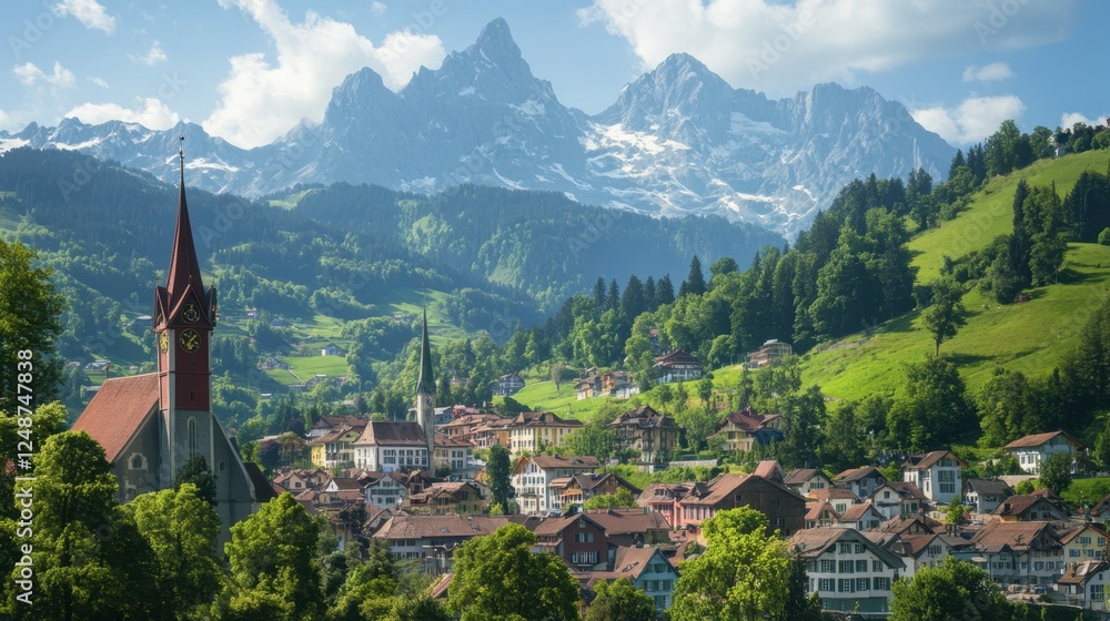Obraz premium The picturesque town of Appenzell, nestled among rolling hills and towering peaks, offering Swiss culture and natural beauty.