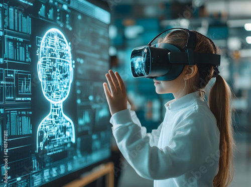 Advanced Classroom Technology Featuring a primary school student wearing VR headsets in futuristic classroom with AI-Powered Large Monitors Assisting Students 