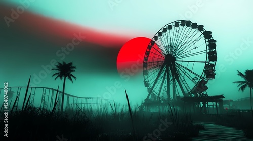 Haunted theme park, eerie fog, abandoned rides, spooky vibes, 3D illustration photo