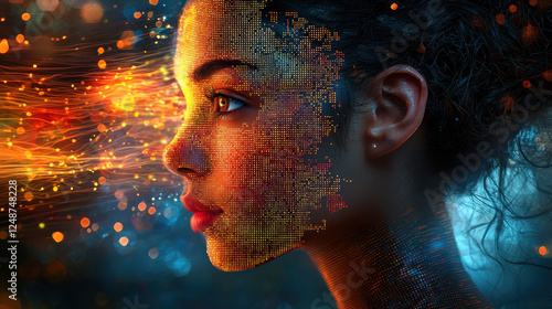 Stylish woman merges with digital avatar in a vibrant cyber world, showcasing modern design and immersive high-tech lighting in a metaverse environment