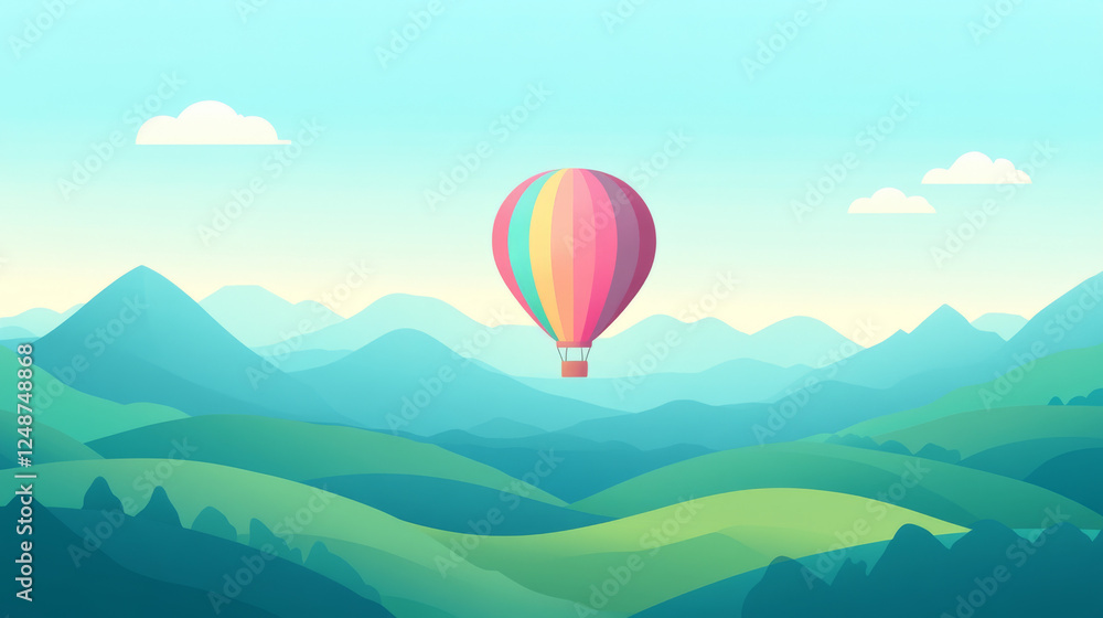 Soaring Spectacle: Hot Air Balloon Floating Over Verdant Fields Soaring Spectacle: Hot Air Balloon Floating Over Verdant Fields