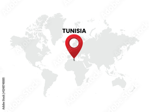 World map on Tunisia on White Background. Tunisia Highlighted with Location Symbol. Vector Illustration of Map and Pin Location of Tunisia Country.