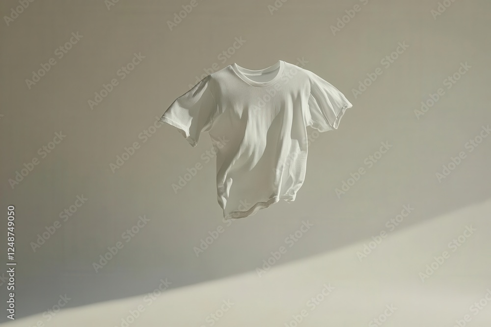 minimalist white t-shirt floating in zero gravity, perfect symmetry, clean studio lighting minimalist white t-shirt floating in zero gravity, perfect symmetry, clean studio lighting