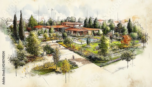 Detailed sketch of a sustainable project blueprint drawn by hand, featuring ecoinnovations like smart irrigation, green buildings, and nature preservation, ultrarealistic lighting photo