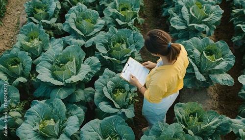 Woman inspecting a field of cabbage with clipboard in hand