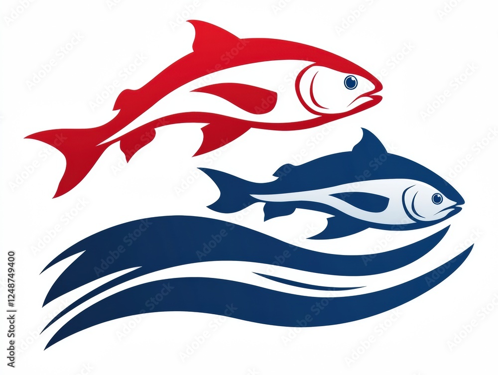 Red and Blue Fish Logo Design with Two Stylized Fish Swimming Above Waves Red and Blue Fish Logo Design with Two Stylized Fish Swimming Above Waves
