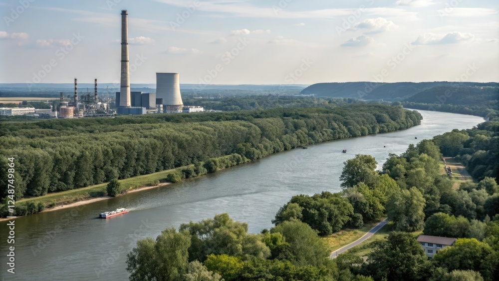 Obraz premium River adjacent to a coal-fired power plant surrounded by nature, nature, river, factory, coal power plant