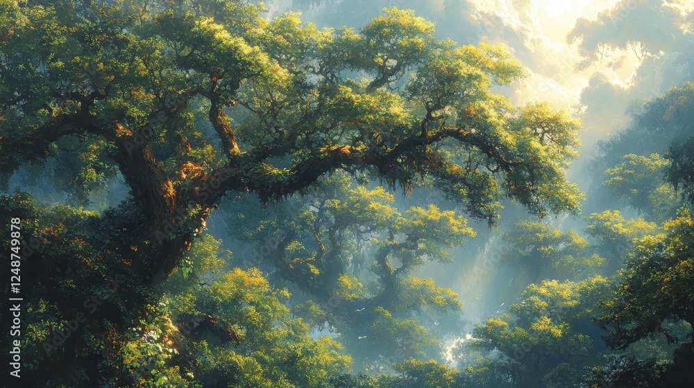 Sunlit Rainforest Canopy, Lush Foliage, Misty Background, Nature Scene, Wallpaper Sunlit Rainforest Canopy, Lush Foliage, Misty Background, Nature Scene, Wallpaper