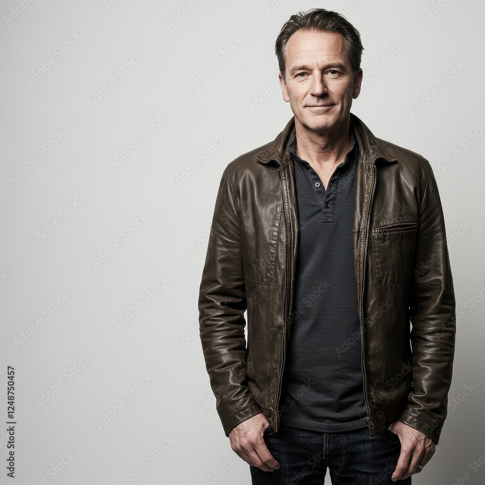 Portrait of a Confident Middle-Aged Man in Casual Attire, Wearing a Brown Leather Jacket Against a Neutral Background, Expressing Relaxed Confidence. Portrait of a Confident Middle-Aged Man in Casual Attire, Wearing a Brown Leather Jacket Against a Neutral Background, Expressing Relaxed Confidence.