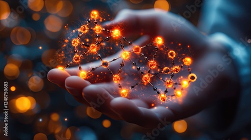 Hand holding glowing molecular structure against a blurred, colorful background of light