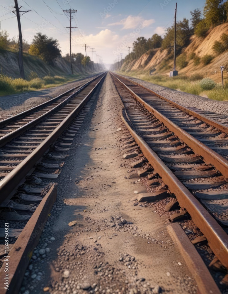 Fototapeta premium Railroad tracks splitting into two separate routes, diverging route, separated roads