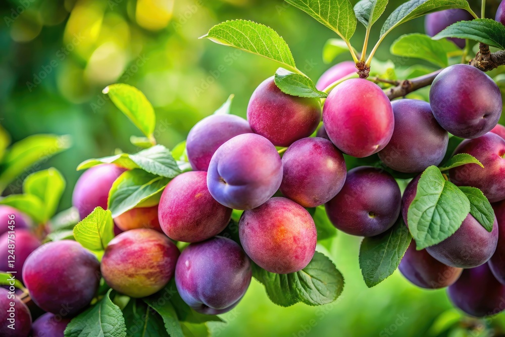 Plums ripen on a green background with hints of purple, surrounded by leaves and stems, fruit, purple, green, autumn Plums ripen on a green background with hints of purple, surrounded by leaves and stems, fruit, purple, green, autumn