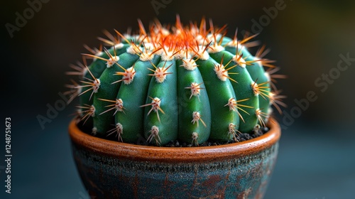 Close-up of a vibrant cactus in a decorative pot, showcasing its unique spines and texture