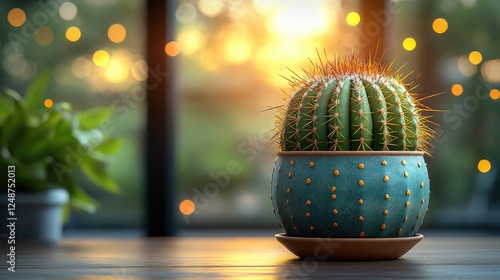 Vibrant cactus in a decorative pot on a wooden table, illuminated by sunset and soft bokeh lights