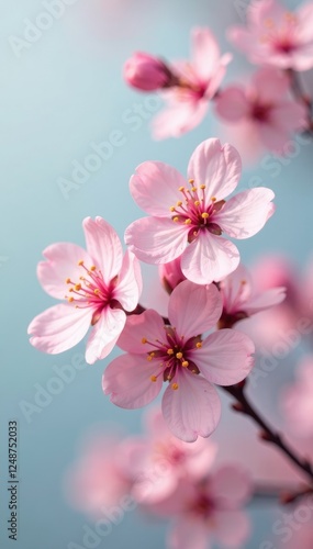 Pink flower blossoms against a pastel color background, delicate, spring