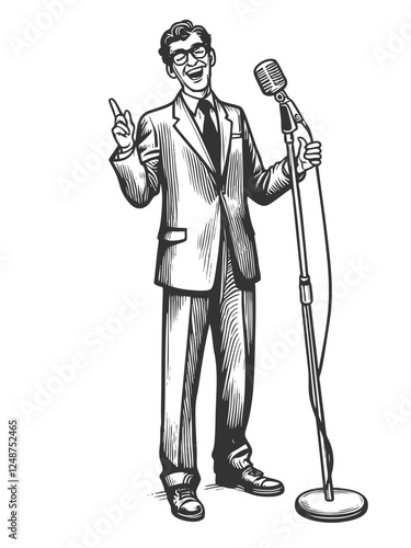 man in a suit performing stand-up comedy on stage, holding a classic microphone next to a stool sketch engraving generative ai vector illustration. Scratch board imitation. Black and white image.