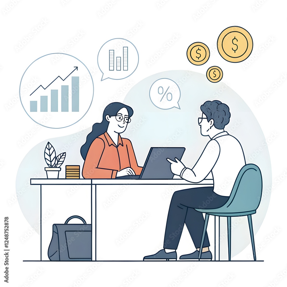 Financial consultation illustration featuring professionals discussing growth and investment strategies
Financial consultation illustration featuring professionals discussing growth and investment strategies