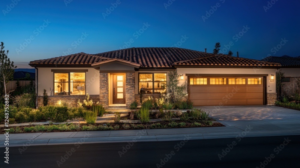 Suburban home at twilight, exterior view, modern architecture Suburban home at twilight, exterior view, modern architecture