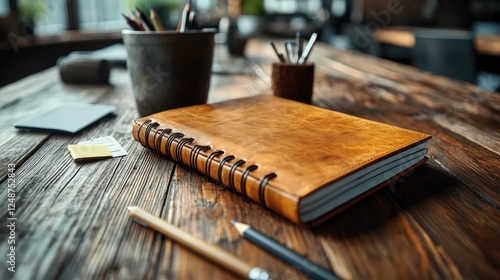 Leather-bound notebook on a rustic wooden table surrounded by stationery in a cozy workspace