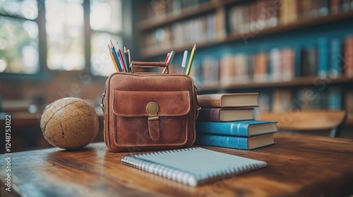 A cozy study scene featuring a leather bag, books, and stationery in a library setting