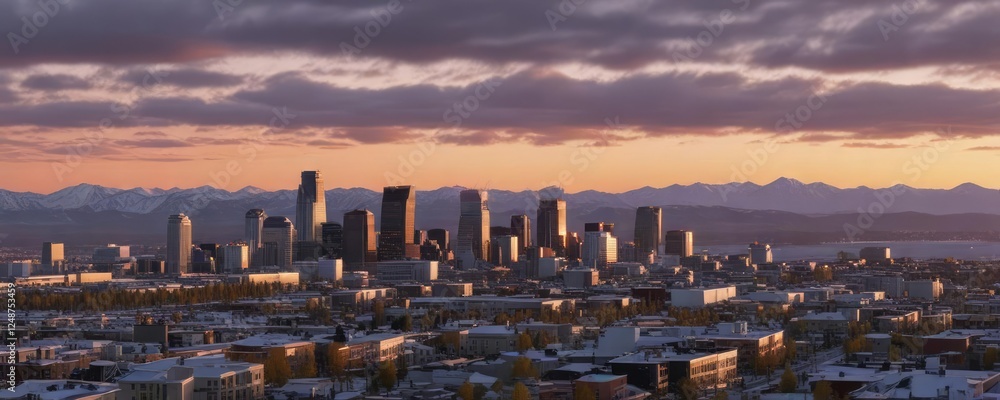 Fototapeta premium Panoramic view of the Anchorage Downtown Skyline at dawn or dusk, capturing the warm colors and soft light , Dusk, Warm Colors