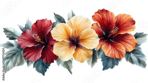 Vibrant watercolor illustration of hibiscus flowers in an elegant arrangement with leaves