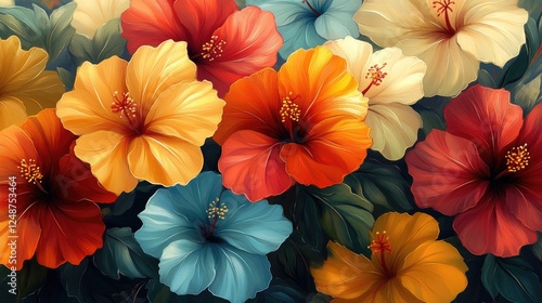 Vibrant collection of hibiscus flowers in various colors against lush green foliage, showcasing nature's beauty